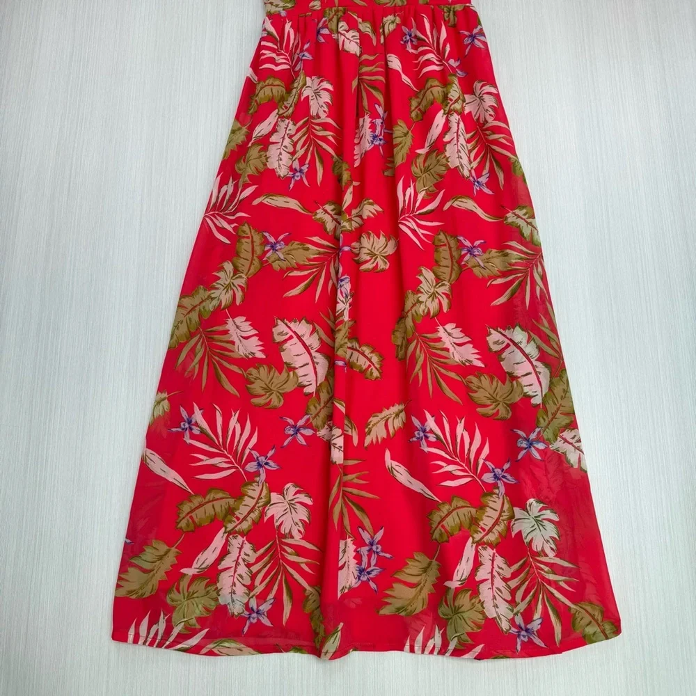 JAPNA V Neck Floral Maxi Dress S‎ Tropical Leaf Red Green Smocked Back